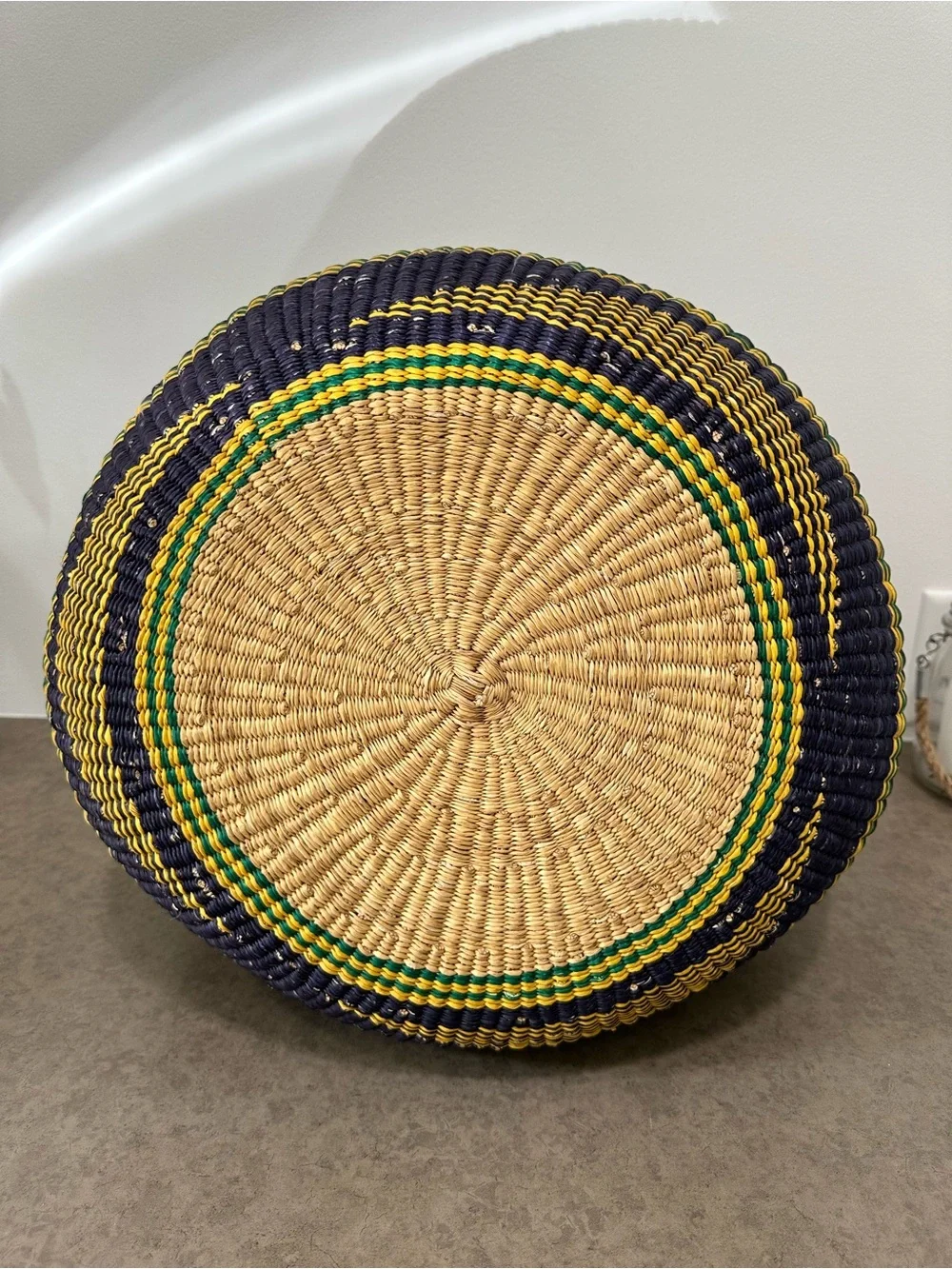 Large Bolga Basket Woven Striped Storage Basket Leather Handle Multicolor Ghana